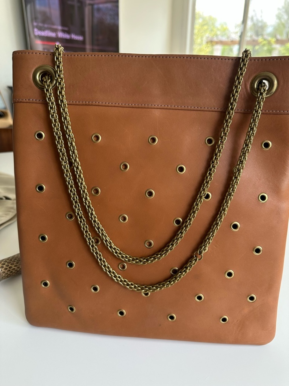 Clare V Chain-Handle Eyelet Shoulder Bag in Cognac